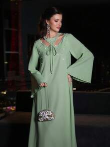 Al Najma Women's Elegant V-Neck Tie-Waist Long Sleeve Pearl Decor Mint Green 2 In 1 Slim Dress - Mint Green - View 7