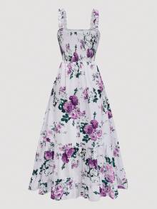 Ceyna Plus Size Women's White Floral Print Ruffle Hem Spaghetti Strap Adjustable Bust A-Line Maxi Dress,Summer Boho Holiday Tea Party Elegant Smocked Gown - Purple - View 2