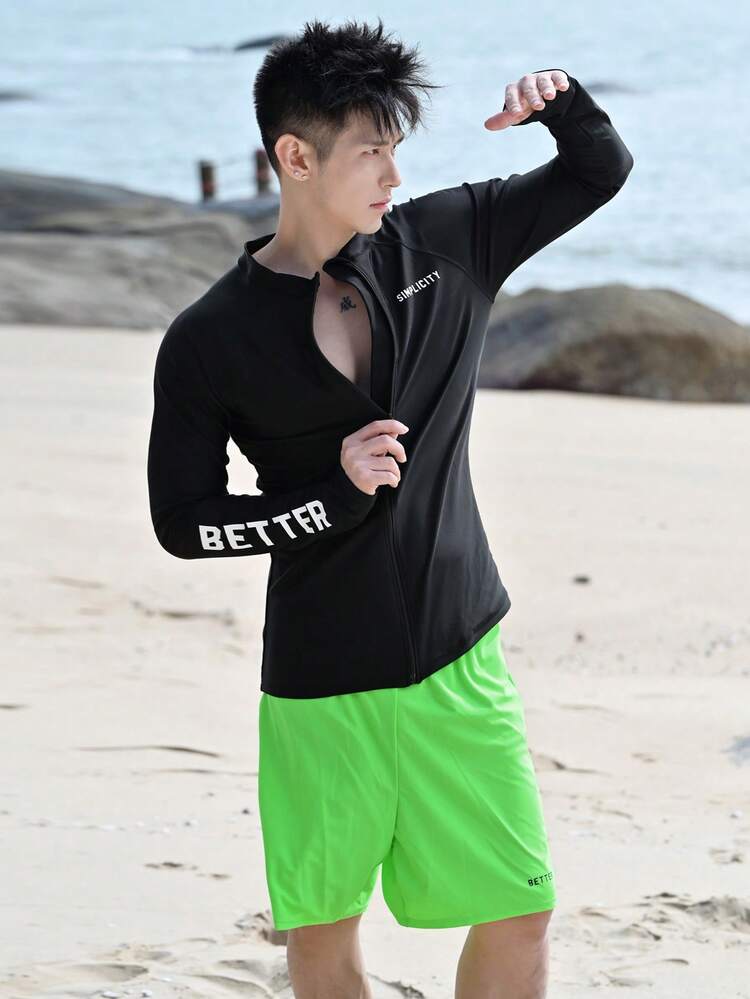 Men's Fitted Black Top And Green Shorts Beach Outfit, Summer Vacation Style