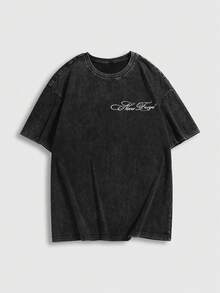 ROMWE MEN Goth Men's Letter Print Round Neck Casual Loose T-Shirt - Black - View 4