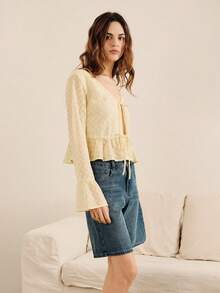 lacRébo Butter Yellow Embroidered Tie Front Blouse Spring Summer Vacation French Style Parisian Style Resort - Yellow - View 1