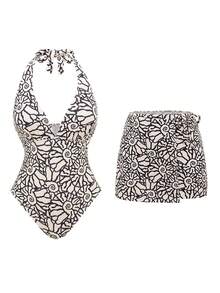 Swim Oasis 女士米色和黑色条纹露背性感沙滩度假连体泳衣套装 - 米色 - 查看 1