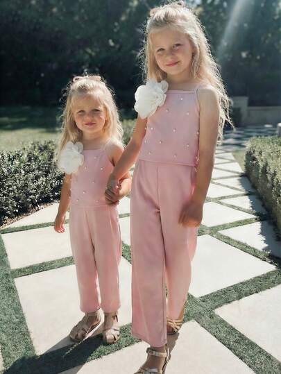 Elladie kids 2件套 女童夏季新款无袖露肩串珠花卉短款上衣和宽松直筒裤套装，休闲时尚