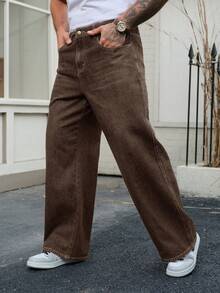 DAZY Men's Autumn Navy Blue Raw Denim Wide Leg Jeans With Patch Design - Brown - View 7