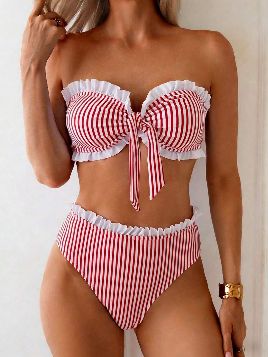 Swim Basics Spring/Summer Beach Vacation Striped Print 2 Pieces Set, Ruched Neckline, Ruffled Hem Pants - Red - View 1