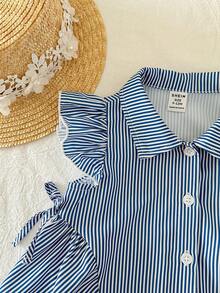SHEIN 女宝宝可爱夏季度假条纹碎花短袖领连衣裙 - 白色 - 查看 4