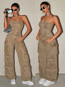 SHEIN ICON Bộ jumpsuit nữ không dây vai với nhiều túi tiện dụng, chất liệu denim ống rộng thoải mái. - Màu Khaki - Xem 7