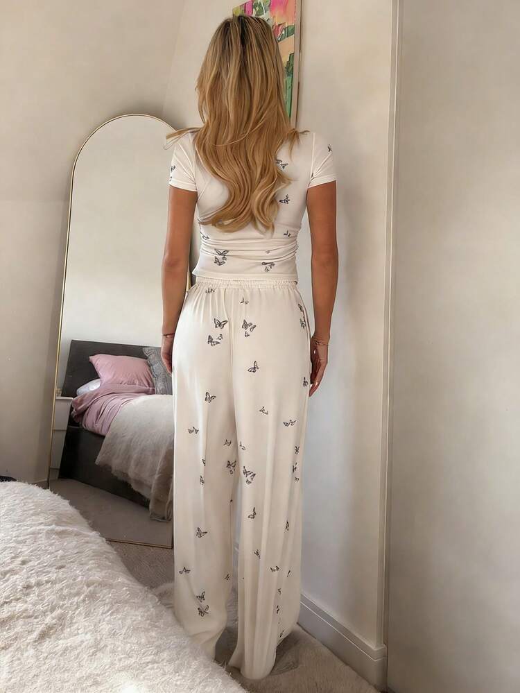 2pcs/Set Women Butterfly Print Fitted Short Sleeve T-Shirt And Loose Long Pants Pajama Set, Summer