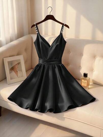 Franclia Vestido corto de satén rojo vino con ajuste ceñido a la cintura, decoración de perlas 3D y elegante estilo romántico francés para mujer, primavera/verano