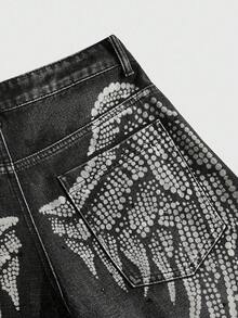 ROMWE MEN Street Life 青少年男童款做旧水钻翅膀宽松直筒裤 - 黑色 - 查看 9