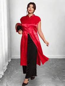 Cravure Plus Size New Chinese Style Celebratory Mandarin Collar Split Hem Long Qipao Dress,Elegant Red Summer Curve Party Cheongsam Robe Top - Red - View 7