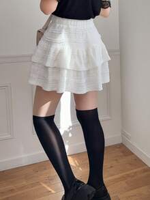 FRIFUL Women's Solid Black Ruffled Layered Hem Loose Casual Versatile Mini Skirt - Black - View 2