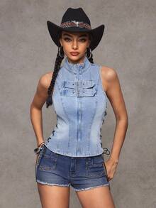 Jeanoix Women's Fashionable Casual Y2K Versatile Fitted Sexy Denim Top - Light Wash - View 4