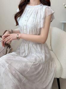 FRIFUL Women's Round Neck Poncho-Style Floral Print Chiffon Dress, Sweet Vacation Wear - White - View 5