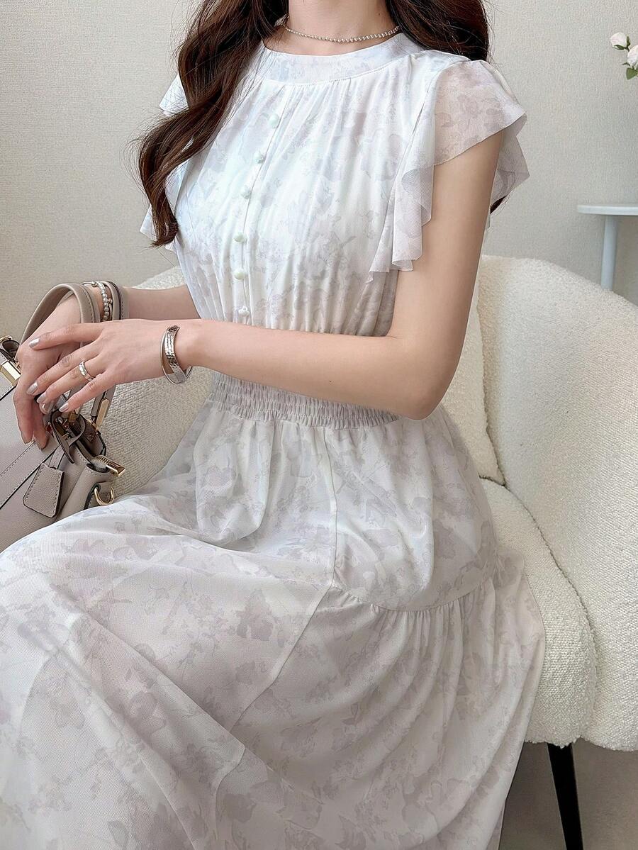 FRIFUL 女士圆领披肩式印花雪纺连衣裙，甜美度假风长裙 - 白色 - 查看 1