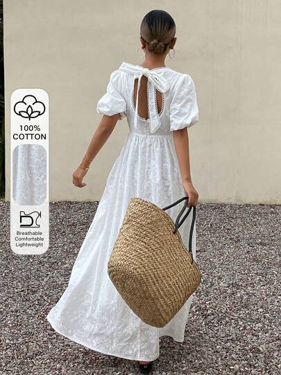 Livesso Spring Lace Bridesmaid Wedding Guest White Cotton Patchwork Petal Sleeve Tie Waist Backless Mid-Length Dress