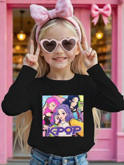 Sparklyn 1pc Tween Girl K-Pop Band Theme T-Shirt, Purple & Pink Cartoon Design, Black Crew Neck Long Sleeve T-Shirt, Machine Washable, Suitable For Outdoor Activities, Casual Wear, Daily Wear In All Seasons | Graphic Tee | Outdoor & Indoor Wear, Suitable For All Seasons