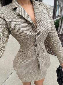 Alexandranx Women Front Button Long Sleeve Lapel Neck Blouse & Knee Length Skirt Suit In Fall/Winter Brown Summer Elegant - Brown - View 5