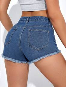 SHEIN EZwear Quần short denim mùa hè năng động, rách gấu, có đai thắt lưng. - Rửa trung bình - Xem 2