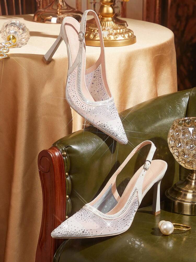 CUCCOO TILAWA Women's Pointed Toe High Heel Shoes, Rhinestone Decor Mesh Fabric, Fashion Comfortable For Daily, Party, Banquet, Slip-On Buckle Strap Backless Pumps