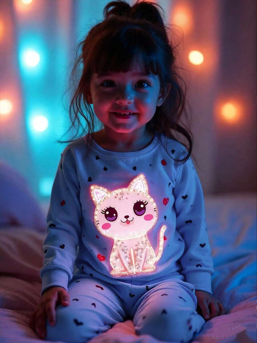 2pcs Girls Cute Cat & Heart Glow-In-The-Dark Print Snug Fit Pajama Set, Long Sleeve Top And Pants - Multicolor - View 1
