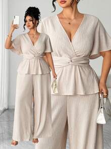 Elenzga Elegant Plus Size Apricot Knitted Deep V Neck Ruffle Hem Short Sleeve Long Pants Two Piece Set - Apricot - View 6