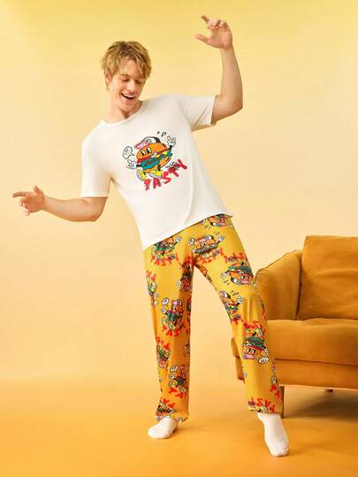 男士休闲汉堡薯条印花短袖T恤短裤睡衣套装，夏季