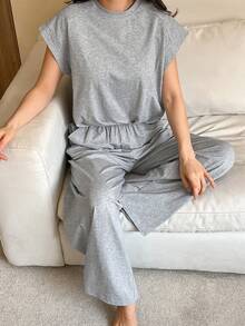 DAZY 女款極簡運動風短袖針織居家服套裝 夏季 - 灰色 - 查看 6