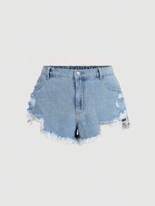 Sweetra Women's Fashion Casual Versatile Distressed Sexy Denim Shorts - Light Wash - View 1