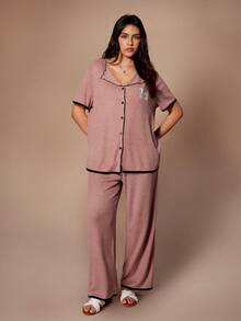 Lazeform Plus Size Casual Knit Pajama 2 Pieces Set,Embroidered Number Design Open Front Short Sleeve Pants Curve Lounge Wear,Dusty Rose,Summer,Family Matching - Watermelon Pink - View 5
