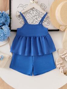 SHEIN Vintaside Kids 女童蓝色吊带背心和短裤套装，轻便舒适的夏季外出服 - 藍色 - 查看 3