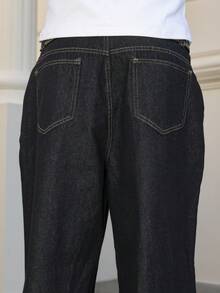 Manfinity Roghcode Men's Dark Wash Blue 5-Button Loose Wide Leg Jeans Men Wide Leg Pants - Dark Wash - View 7