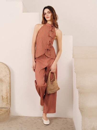 lacRébo Conjunto de top sin mangas con rayas y detalles de lazo, y pantalones rectos, estilo chic de primavera y verano, estilo francés y parisino