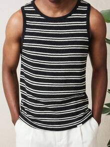 SUMWON Camiseta de tirantes acanalada con patrón de rayas horizontales, cuello redondo, sin mangas, para uso casual de verano - Blanco y Negro - Ver 1
