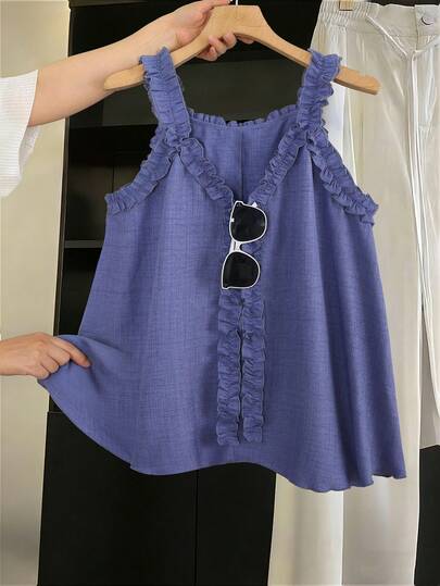 GlowEve CURVE Plus Size Women's Woven Regular Early Spring Comfortable Casual Vacation Denim Effect Frill Trim Blue Camisole