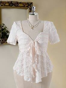 Modelyn Plus Size Women Lace Texture Tie-Waist A-Line Short Sleeve T-Shirt, French Romantic Elegant Gym Brown Summer - Apricot - View 1