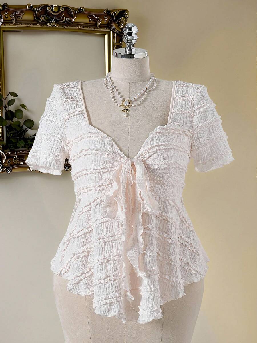 Modelyn Plus Size Women Lace Texture Tie-Waist A-Line Short Sleeve T-Shirt, French Romantic Elegant Gym Brown Summer - Apricot - View 1