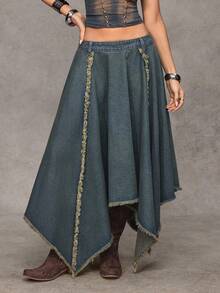 Jeanoix 女士Y2K复古休闲毛边不对称下摆牛仔迷你裙 - 深色水洗藍 - 查看 6