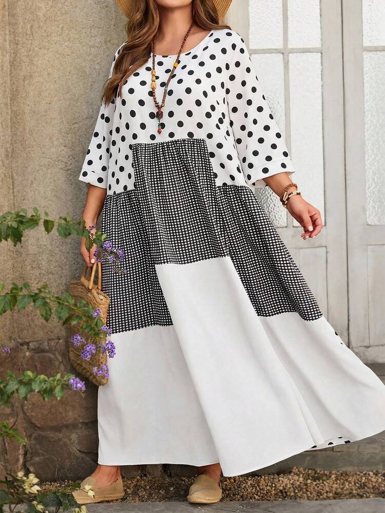 Plus Size Women's Summer Casual Vacation Country Round Neck 3/4 Sleeve Polka Dot, Plaid & Striped Patchwork Dress, Summer/Spring, Plus Size Polka Dot Dress,Summer\Vacation,Summer Holiday,Spring Break Outfits ,Vacation Outfits Women ,Holiday Outfits For Women,Going Out Outfits,2026 New Clothes,Simple And Fashionable For Everyday Wear,Suitable For Summer, Vacation, Daily Wear,Suitable For Summer, Vacation, Daily Wear,Dresses For Women,Flowy Dress ,Beach Outfits For Women,Casual Vacation Boho Dress, Long Summer Dress Plus Size, Vacation Plus Size Women Dresses,