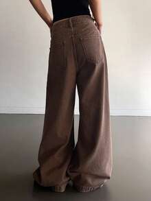 DAZY Women's Regular Waist Pleated Long Loose Casual Jeans - Brown - View 3