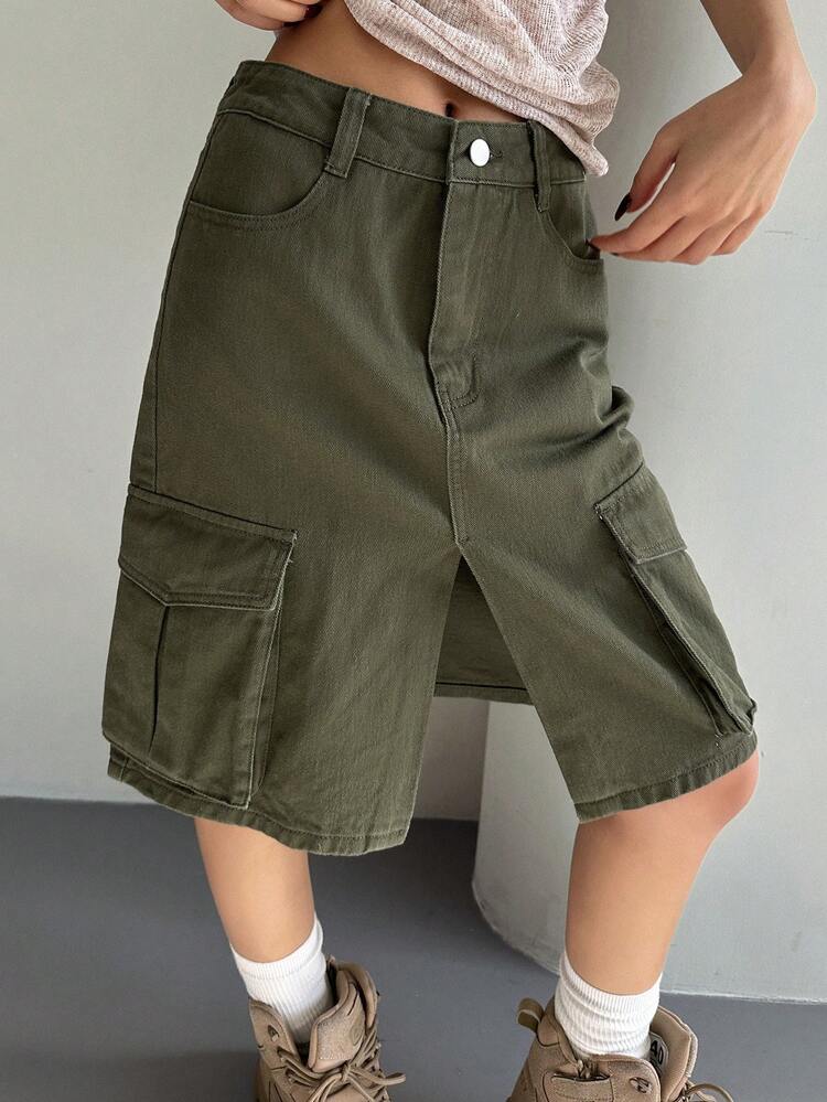 Women's Regular Waist Slit Pocket Decor Street Casual Washed Denim Skirt