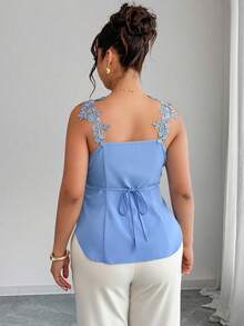 Elenzga Plus Size Women's V-Neck Tie-Waist Lace Strap Blouse, Elegant For Urban Commute, Vacation, And Dates, Spring/Summer - Blue - View 2