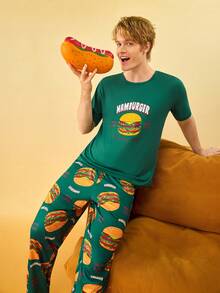 Bộ đồ ngủ nam in hình bánh hamburger, gồm áo tay ngắn cổ tròn và quần. - Nhiều màu - Xem 1