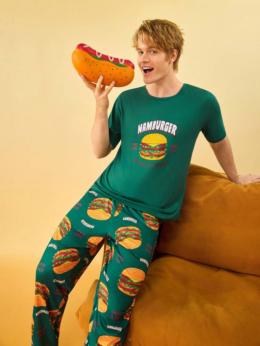Bộ đồ ngủ nam in hình bánh hamburger, gồm áo tay ngắn cổ tròn và quần. - Nhiều màu - Xem 1