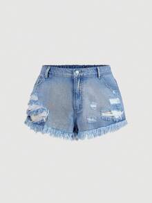Sweetra Plus Size Distressed Frayed Hem Slant Pocket Casual Denim Shorts - Light Wash - View 5