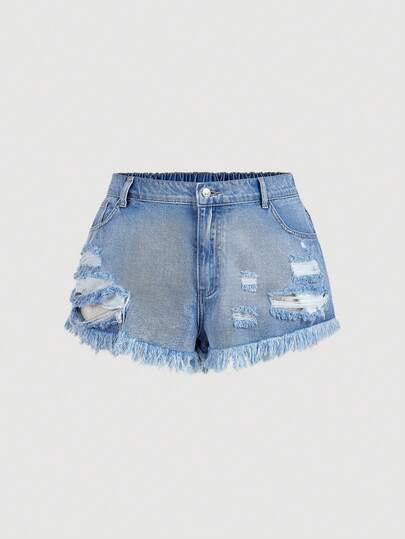 Sweetra Plus Size Distressed Frayed Hem Slant Pocket Casual Denim Shorts