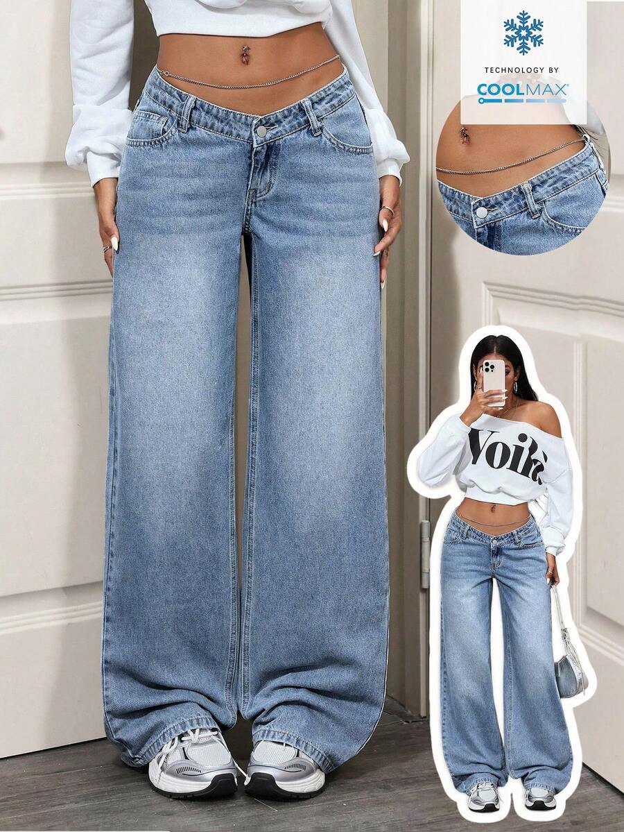 SHEIN Tall Quần jeans nữ cạp thấp, kiểu dáng ICON, phiên bản dài, gợi cảm, ống đứng. - Màu xanh lam - Xem 1