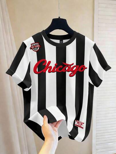 Chillumni Men's Casual Minimalist Black & White Striped Chicago Print Short Sleeve T-Shirt, Versatile Fashion Casual Tee, Unisex Sports & Leisure Wear