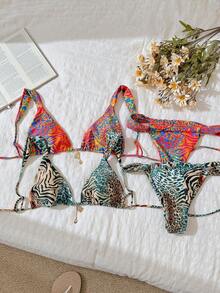 Swim Vcay Women's Random Print Metal Decor Sexy Spaghetti Strap Bikini Set, Summer - Multicolor - View 1