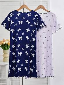 Genkimix Kids 2pcs Girls Knitted Butterfly Print Nightgown, Summer Kids Night Gowns Sleep Wear Kids Girls Dress - Purple - View 2